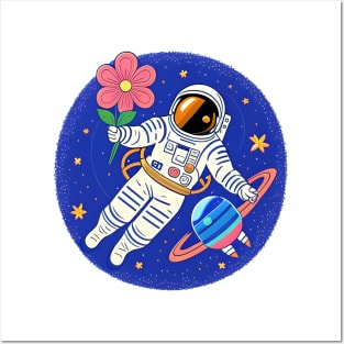 astronaut woman on space with flowers Posters and Art